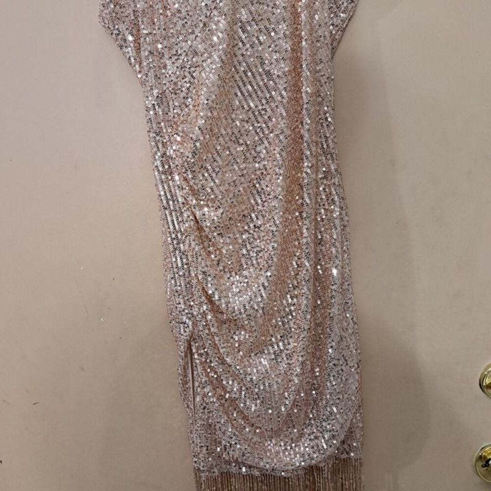 Fringe Sequin spaghetti Strap Party Mini Dress peach/cream large juniors - Picture 6 of 8